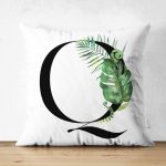 Beyaz Zemin Yaprak Motifli Siyah Q Harfi Özel Tasarım Modern Suet Yastık Kırlent Kılıfı Realhomes