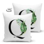 Beyaz Zemin Yaprak Motifli Siyah Q Harfi Özel Tasarım Modern Suet Yastık Kırlent Kılıfı Realhomes