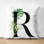 - Suet-K9474-Gorsel1 - Realhomes Beyaz Zemin Yaprak Motifli Siyah RHarfi Özel Tasarım Modern Suet Yastık Kırlent Kılıfı Realhomes