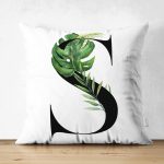 Beyaz Zemin Yaprak Motifli Siyah S Harfi Özel Tasarım Modern Suet Yastık Kırlent Kılıfı Realhomes