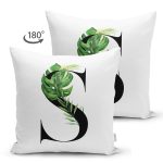 Beyaz Zemin Yaprak Motifli Siyah S Harfi Özel Tasarım Modern Suet Yastık Kırlent Kılıfı Realhomes