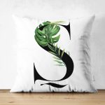 Beyaz Zemin Yaprak Motifli Siyah Ş Harfi Özel Tasarım Modern Suet Yastık Kırlent Kılıfı Realhomes