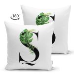 Beyaz Zemin Yaprak Motifli Siyah Ş Harfi Özel Tasarım Modern Suet Yastık Kırlent Kılıfı Realhomes