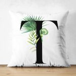 Beyaz Zemin Yaprak Motifli Siyah T Harfi Özel Tasarım Modern Suet Yastık Kırlent Kılıfı Realhomes