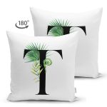 Beyaz Zemin Yaprak Motifli Siyah T Harfi Özel Tasarım Modern Suet Yastık Kırlent Kılıfı Realhomes