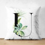 Beyaz Zemin Yaprak Motifli Siyah U Harfi Özel Tasarım Modern Suet Yastık Kırlent Kılıfı Realhomes