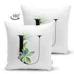 Beyaz Zemin Yaprak Motifli Siyah U Harfi Özel Tasarım Modern Suet Yastık Kırlent Kılıfı Realhomes