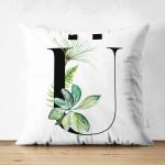 - Suet-K9479-Gorsel1 - Realhomes Beyaz Zemin Yaprak Motifli Siyah Ü Harfi Özel Tasarım Modern Suet Yastık Kırlent Kılıfı Realhomes