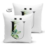 - Suet-K9479-Gorsel2 - Realhomes Beyaz Zemin Yaprak Motifli Siyah Ü Harfi Özel Tasarım Modern Suet Yastık Kırlent Kılıfı Realhomes