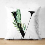 Beyaz Zemin Yaprak Motifli Siyah V Harfi Özel Tasarım Modern Suet Yastık Kırlent Kılıfı Realhomes