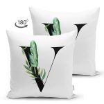 Beyaz Zemin Yaprak Motifli Siyah V Harfi Özel Tasarım Modern Suet Yastık Kırlent Kılıfı Realhomes