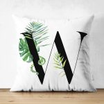 - Suet-K9481-Gorsel1 - Realhomes Beyaz Zemin Yaprak Motifli Siyah W Harfi Özel Tasarım Modern Suet Yastık Kırlent Kılıfı Realhomes