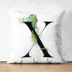 Beyaz Zemin Yaprak Motifli Siyah X Harfi Özel Tasarım Modern Suet Yastık Kırlent Kılıfı Realhomes