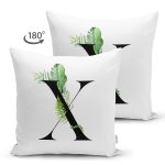 Beyaz Zemin Yaprak Motifli Siyah X Harfi Özel Tasarım Modern Suet Yastık Kırlent Kılıfı Realhomes