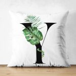 Beyaz Zemin Yaprak Motifli Siyah Y Harfi Özel Tasarım Modern Suet Yastık Kırlent Kılıfı Realhomes