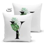 Beyaz Zemin Yaprak Motifli Siyah Y Harfi Özel Tasarım Modern Suet Yastık Kırlent Kılıfı Realhomes