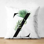 Beyaz Zemin Yaprak Motifli Siyah Z Harfi Özel Tasarım Modern Suet Yastık Kırlent Kılıfı Realhomes