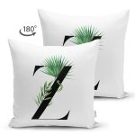 Beyaz Zemin Yaprak Motifli Siyah Z Harfi Özel Tasarım Modern Suet Yastık Kırlent Kılıfı Realhomes