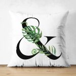 Beyaz Zemin Yaprak Motifli Siyah & Harfi Özel Tasarım Modern Suet Yastık Kırlent Kılıfı Realhomes