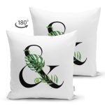 Beyaz Zemin Yaprak Motifli Siyah & Harfi Özel Tasarım Modern Suet Yastık Kırlent Kılıfı Realhomes