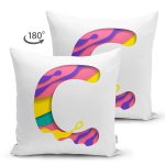 Beyaz Zemin Renkli C Harfli Özel Tasarım Modern Suet Yastık Kırlent Kılıfı Realhomes