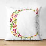 Beyaz Zemin Yaprak Temalı C Harfi Özel Tasarım Modern Suet Yastık Kırlent Kılıfı Realhomes