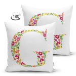 Beyaz Zemin Yaprak Temalı G Harfi Özel Tasarım Modern Suet Yastık Kırlent Kılıfı Realhomes