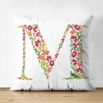 - Suet-K9542-Gorsel1 - Realhomes Beyaz Zemin Yaprak Temalı M Harfi Özel Tasarım Modern Suet Yastık Kırlent Kılıfı Realhomes