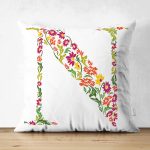 Beyaz Zemin Yaprak Temalı N Harfi Özel Tasarım Modern Suet Yastık Kırlent Kılıfı Realhomes