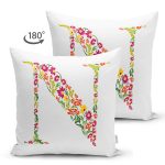 Beyaz Zemin Yaprak Temalı N Harfi Özel Tasarım Modern Suet Yastık Kırlent Kılıfı Realhomes