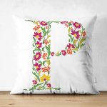 Beyaz Zemin Yaprak Temalı P Harfi Özel Tasarım Modern Suet Yastık Kırlent Kılıfı Realhomes