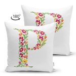 Beyaz Zemin Yaprak Temalı P Harfi Özel Tasarım Modern Suet Yastık Kırlent Kılıfı Realhomes