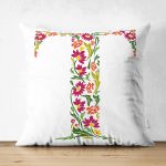 Beyaz Zemin Yaprak Temalı T Harfi Özel Tasarım Modern Suet Yastık Kırlent Kılıfı Realhomes