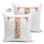 Beyaz Zemin Yaprak Temalı T Harfi Özel Tasarım Modern Suet Yastık Kırlent Kılıfı Realhomes
