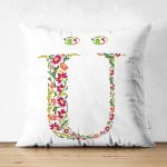 - Suet-K9553-Gorsel1 - Realhomes Beyaz Zemin Yaprak Temalı Ü Harfi Özel Tasarım Modern Suet Yastık Kırlent Kılıfı Realhomes