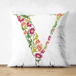 Beyaz Zemin Yaprak Temalı V Harfi Özel Tasarım Modern Suet Yastık Kırlent Kılıfı Realhomes