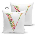 Beyaz Zemin Yaprak Temalı V Harfi Özel Tasarım Modern Suet Yastık Kırlent Kılıfı Realhomes
