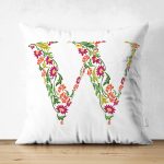 Beyaz Zemin Yaprak Temalı W Harfi Özel Tasarım Modern Suet Yastık Kırlent Kılıfı Realhomes