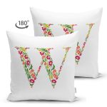 Beyaz Zemin Yaprak Temalı W Harfi Özel Tasarım Modern Suet Yastık Kırlent Kılıfı Realhomes