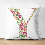 - Suet-K9556-Gorsel1 - Realhomes Beyaz Zemin Yaprak Temalı Y Harfi Özel Tasarım Modern Suet Yastık Kırlent Kılıfı Realhomes