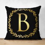 Siyah Zemin Gold Yaprak Çerçeveli B Harfi Özel Tasarım Modern Suet Yastık Kırlent Kılıfı Realhomes