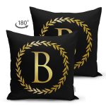 Siyah Zemin Gold Yaprak Çerçeveli B Harfi Özel Tasarım Modern Suet Yastık Kırlent Kılıfı Realhomes