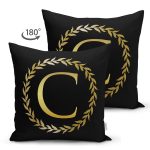 - Suet-K9561-Gorsel2 - Realhomes Siyah Zemin Gold Yaprak Çerçeveli C Harfi Özel Tasarım Modern Suet Yastık Kırlent Kılıfı Realhomes