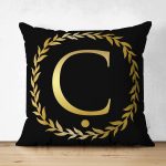 Siyah Zemin Gold Yaprak Çerçeveli Ç Harfi Özel Tasarım Modern Suet Yastık Kırlent Kılıfı Realhomes