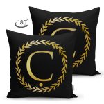 Siyah Zemin Gold Yaprak Çerçeveli Ç Harfi Özel Tasarım Modern Suet Yastık Kırlent Kılıfı Realhomes