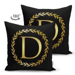 - Suet-K9563-Gorsel2 - Realhomes Siyah Zemin Gold Yaprak Çerçeveli D Harfi Özel Tasarım Modern Suet Yastık Kırlent Kılıfı Realhomes