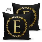 - Suet-K9564-Gorsel2 - Realhomes Siyah Zemin Gold Yaprak Çerçeveli E Harfi Özel Tasarım Modern Suet Yastık Kırlent Kılıfı Realhomes