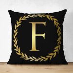 Siyah Zemin Gold Yaprak Çerçeveli F Harfi Özel Tasarım Modern Suet Yastık Kırlent Kılıfı Realhomes