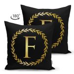 Siyah Zemin Gold Yaprak Çerçeveli F Harfi Özel Tasarım Modern Suet Yastık Kırlent Kılıfı Realhomes