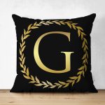 Siyah Zemin Gold Yaprak Çerçeveli G Harfi Özel Tasarım Modern Suet Yastık Kırlent Kılıfı Realhomes
